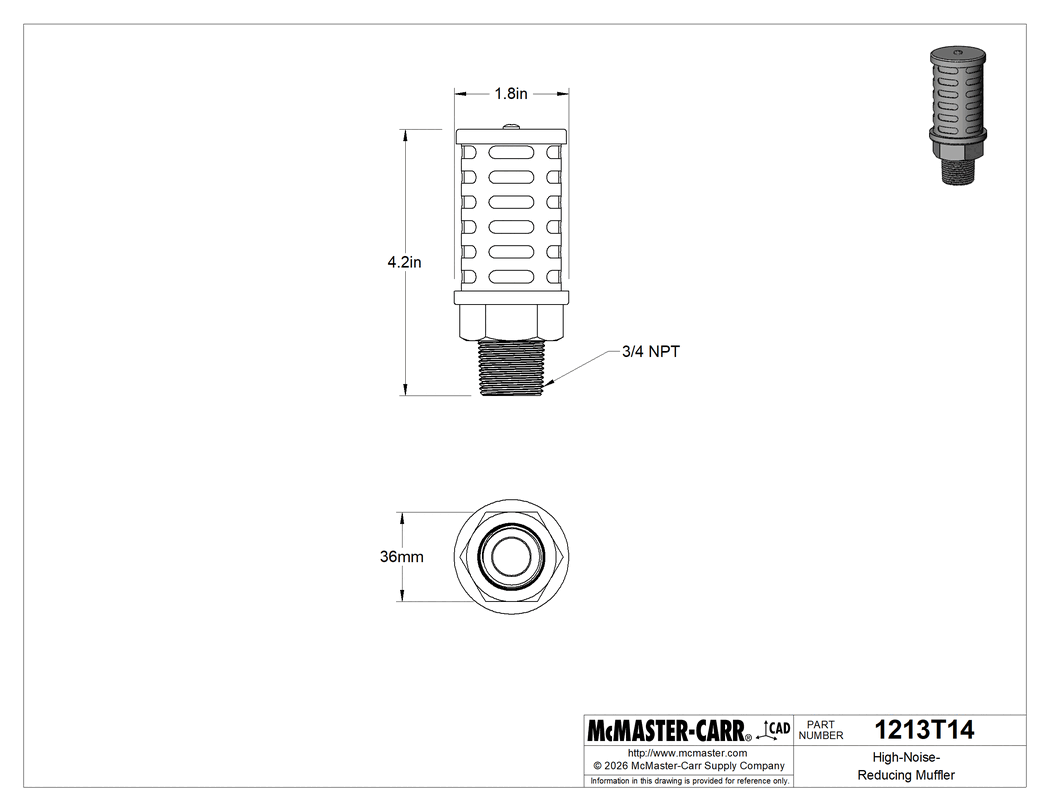 Technical Drawing of High-Noise-Reducing Muffler, with Aluminum Fitting, 3/4 Pipe Connection.